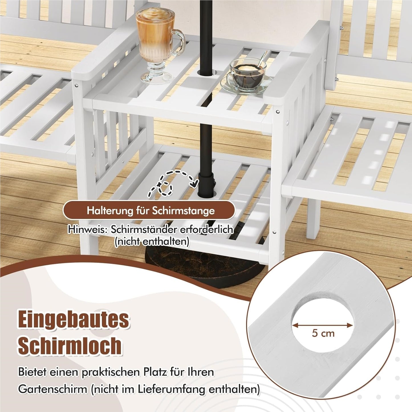 Tuinbank – Buitenbank – Terrasbank – Balkonbank – Picknickbank – Houten 2-Zits Bank Met Tafel – Parasolhouder – 165 x 60 x 88 cm – Massief Grenenhout – Draagvermogen 330 kg – Wit