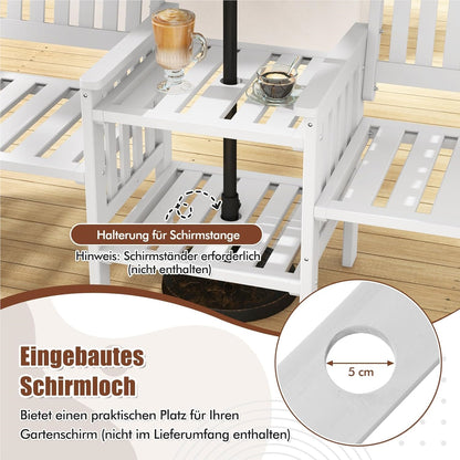Tuinbank – Buitenbank – Terrasbank – Balkonbank – Picknickbank – Houten 2-Zits Bank Met Tafel – Parasolhouder – 165 x 60 x 88 cm – Massief Grenenhout – Draagvermogen 330 kg – Wit