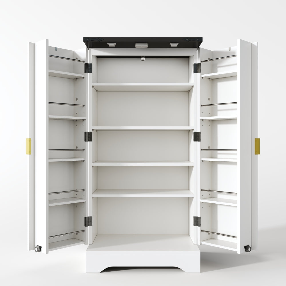 Modern White Metal Kitchen Cabinet with Spice Rack - Spacious Double Door Storage with Adjustable Shelves, Contemporary Design, 120x60.5x40cm, Durable Metal Construction for Kitchen Organization, Space-Saving Vertical Storage