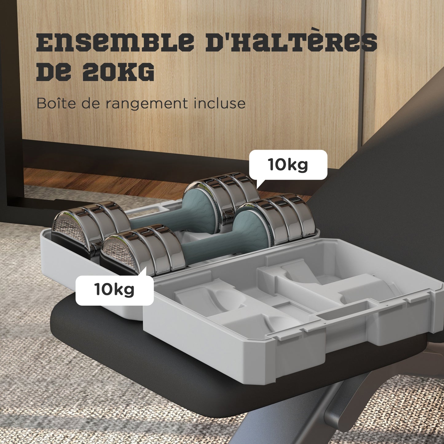 Dumbbells – Halters – Gewichten – Dumbbellset – Verstelbaar Gewicht – Gegalvaniseerd Staal – Inclusief Opbergbox – 2 x 10 kg Grijs