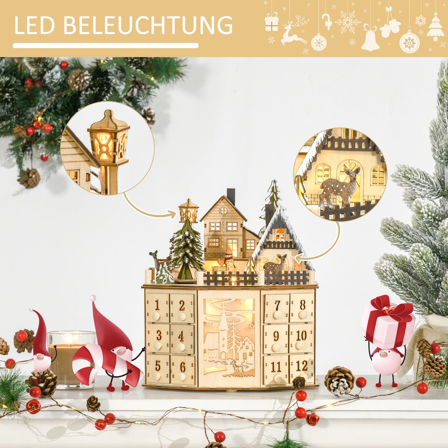 Adventskalender – Aftelkalender – Kerstkalender – Cadeaukalender – Sfeerkalender – 24 Laden – Natuurlijke Houten Afwerking met LED-Verlichting Zonder Stroomkabel
