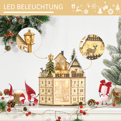 Adventskalender – Aftelkalender – Kerstkalender – Cadeaukalender – Sfeerkalender – 24 Laden – Natuurlijke Houten Afwerking met LED-Verlichting Zonder Stroomkabel