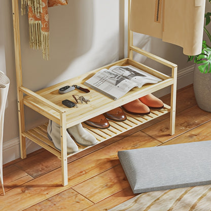 Bamboo Coat Rack with Shoe Bench - Freestanding Entryway Storage Cabinet with Shoe Storage, Hanging Rail & Shelves, Cushioned Seat, Space-Saving Vertical Design for Hallway, Living Room, Bedroom - Natural Bamboo Finish, Sturd