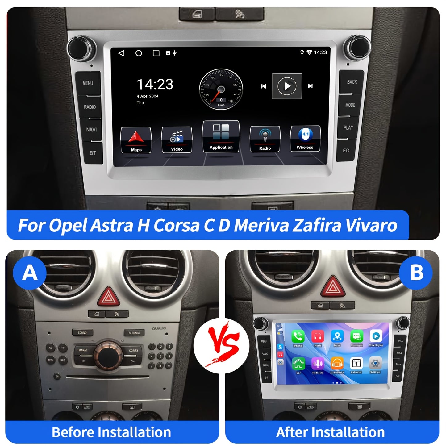 Android 14 Autoradio – 2-DIN Multimedia Speler – 7 Inch Touchscreen Radio – Auto Stereo Systeem – Bluetooth CarPlay Android Auto – Draadloos WiFi GPS – 4GB RAM 64GB Opslag