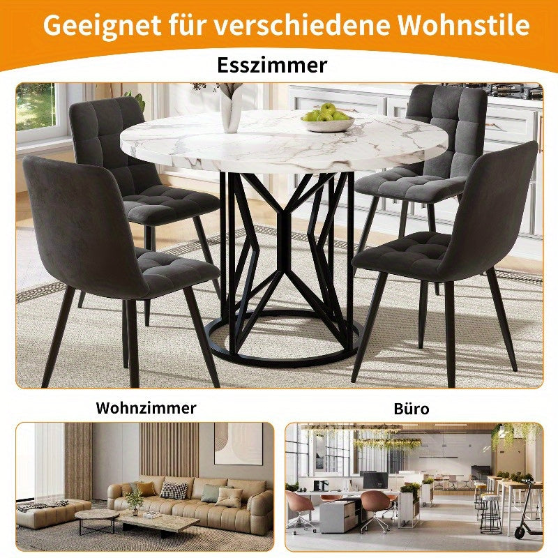 Round Dining Table 100cm/39.37" Marble-Like White & Grey Top with Black Metal Legs - Sturdy Geometric Base, Space-Saving Design for 4-6 People, Classic Modern Kitchen/Dining/Living Room Table, Easy-Clean Surface, No Assembly