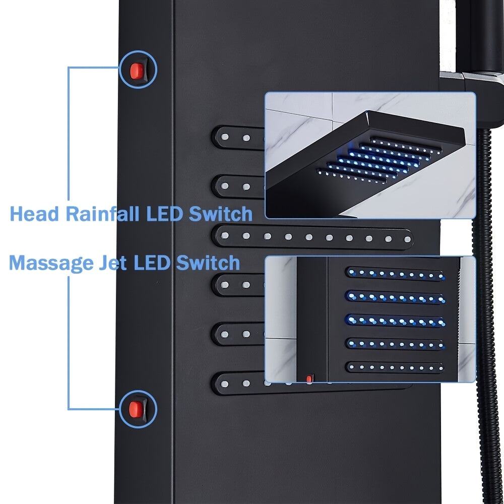 5-in-1 Stainless Steel Shower Panel Tower System with Rainfall Showerhead, Waterfall Spout, Handheld Shower & Tub Spout - High-Pressure Wall-Mounted Bath System, Matte Black Finish, Blue Backlit Controls, Easy Installation (N