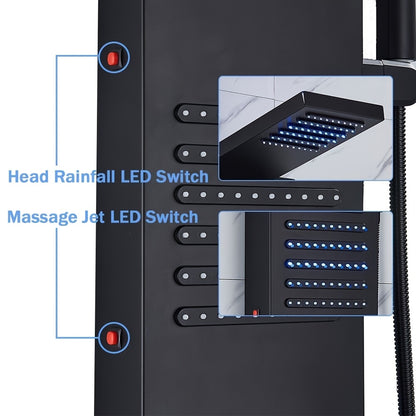 5-in-1 Stainless Steel Shower Panel Tower System with Rainfall Showerhead, Waterfall Spout, Handheld Shower & Tub Spout - High-Pressure Wall-Mounted Bath System, Matte Black Finish, Blue Backlit Controls, Easy Installation (N