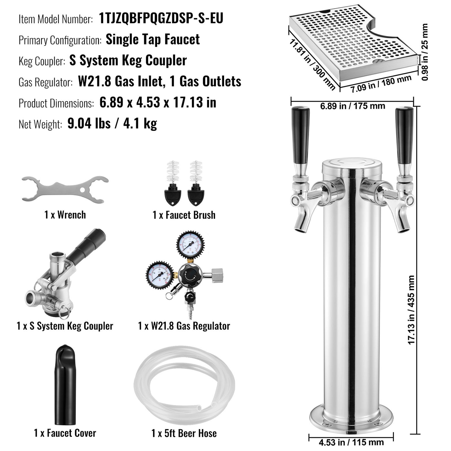 Bierkraan Toren – Bierkoeler – Biertap – Tapinstallatie – Kegerator – RVS 304 Staal – Duale Drukmeter W21.8