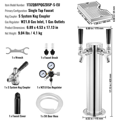Bierkraan Toren – Bierkoeler – Biertap – Tapinstallatie – Kegerator – RVS 304 Staal – Duale Drukmeter W21.8