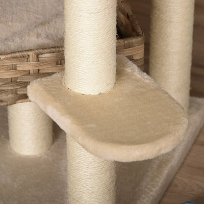 Krabpaal – Kattenboom – Kattenhuis – Krabmeubel – Kattentoren – Meerlaags Met Sisal En Kattenhol – Stevig E1 MDF 174 cm Hoog – Beige Bruin