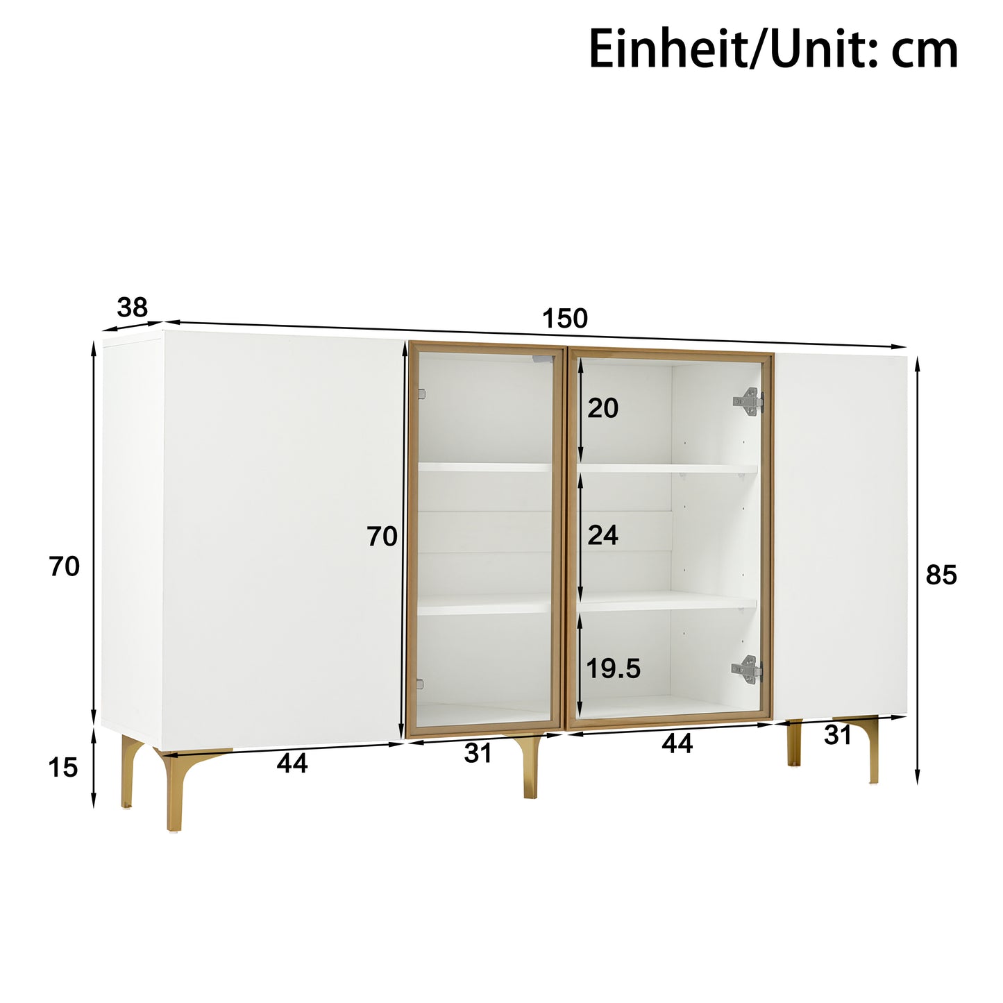 Sideboard – Dressoir – Buffetkast – Opbergkast – Kast – Modern Wit – Greeploos Design – Glasvitrine – Gouden Metalen Pootjes – 150x38x85 cm – MDF