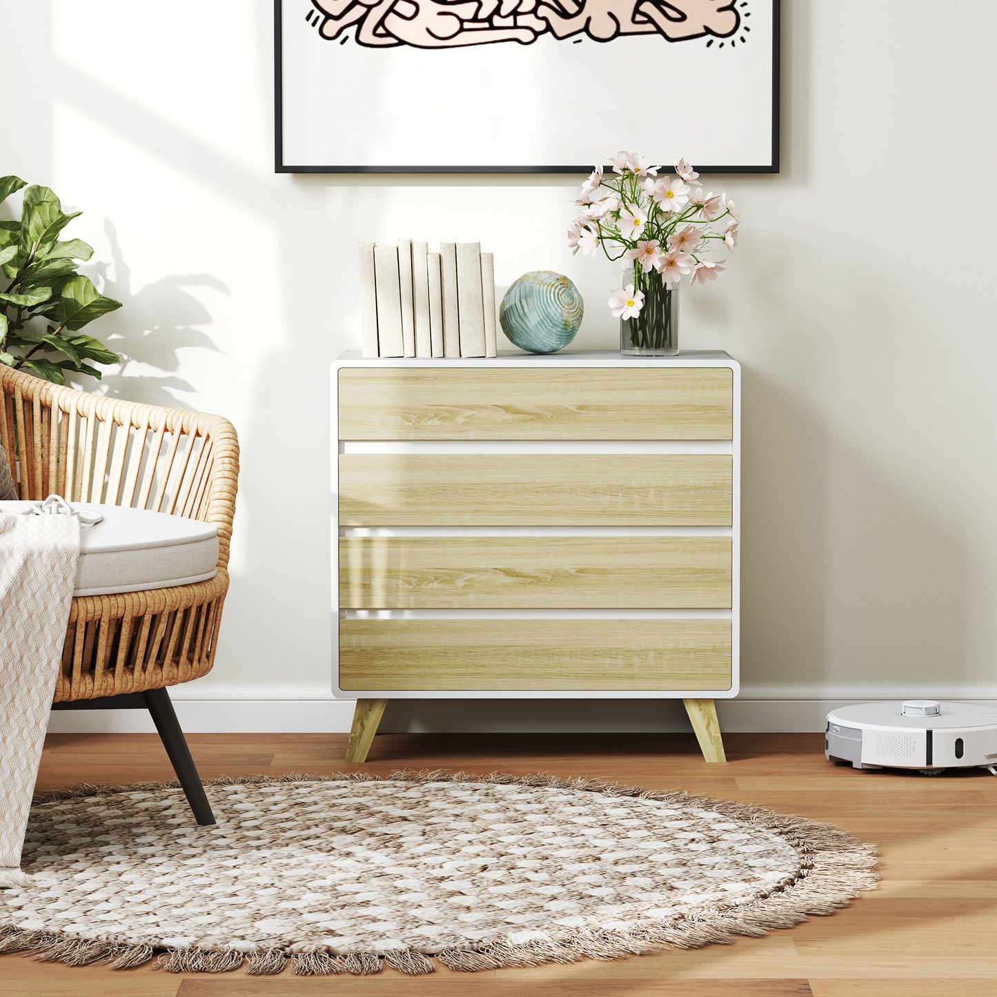 Opbergkast – Ladekast – Opbergrek – Kast – Möbel – Scandinavisch Design – 4 Lade – MDF Houtlook – 80x40x79,5 cm – Wit