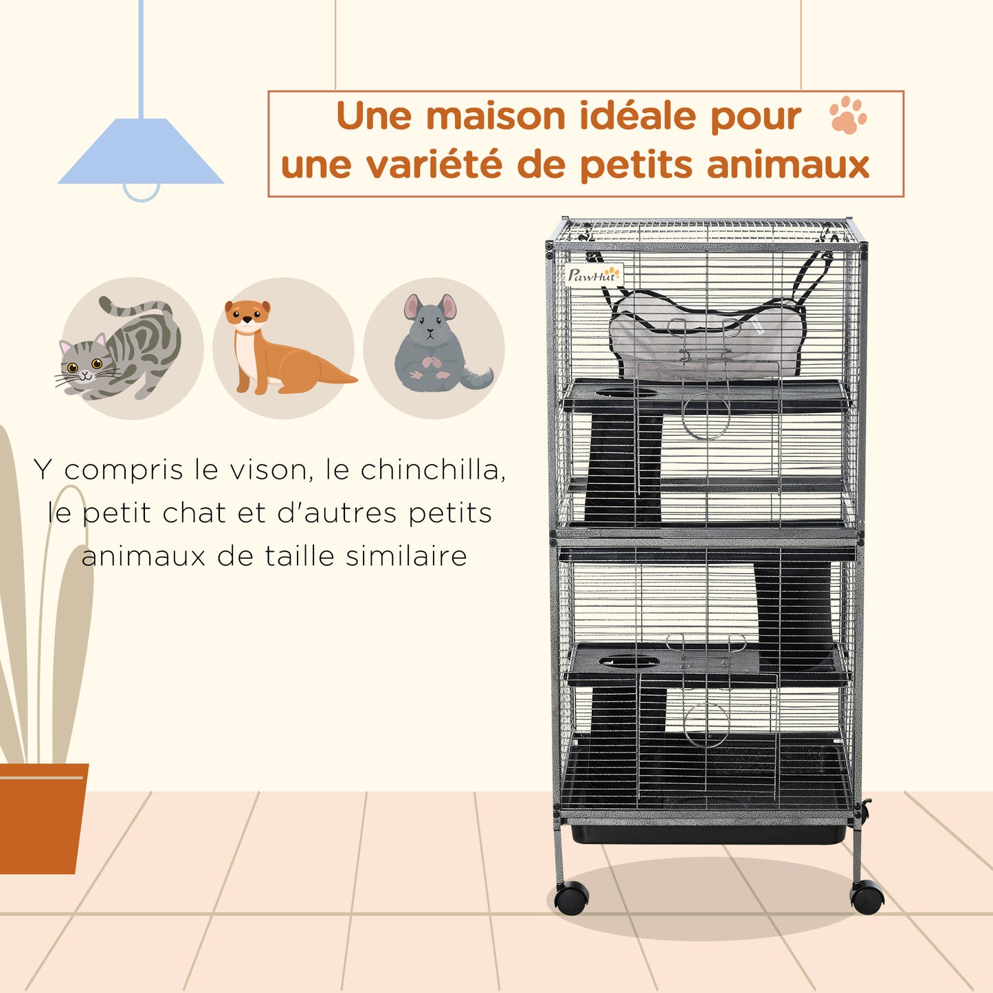 Dierenkooi Klein – Knaagdierkooi – Konijnenkooi – Hamsterkooi – Mobiel Dierenverblijf – Met 2 Deuren – Met Hangmat – 52 x 52 x 113,5 cm – Metaal Grijs