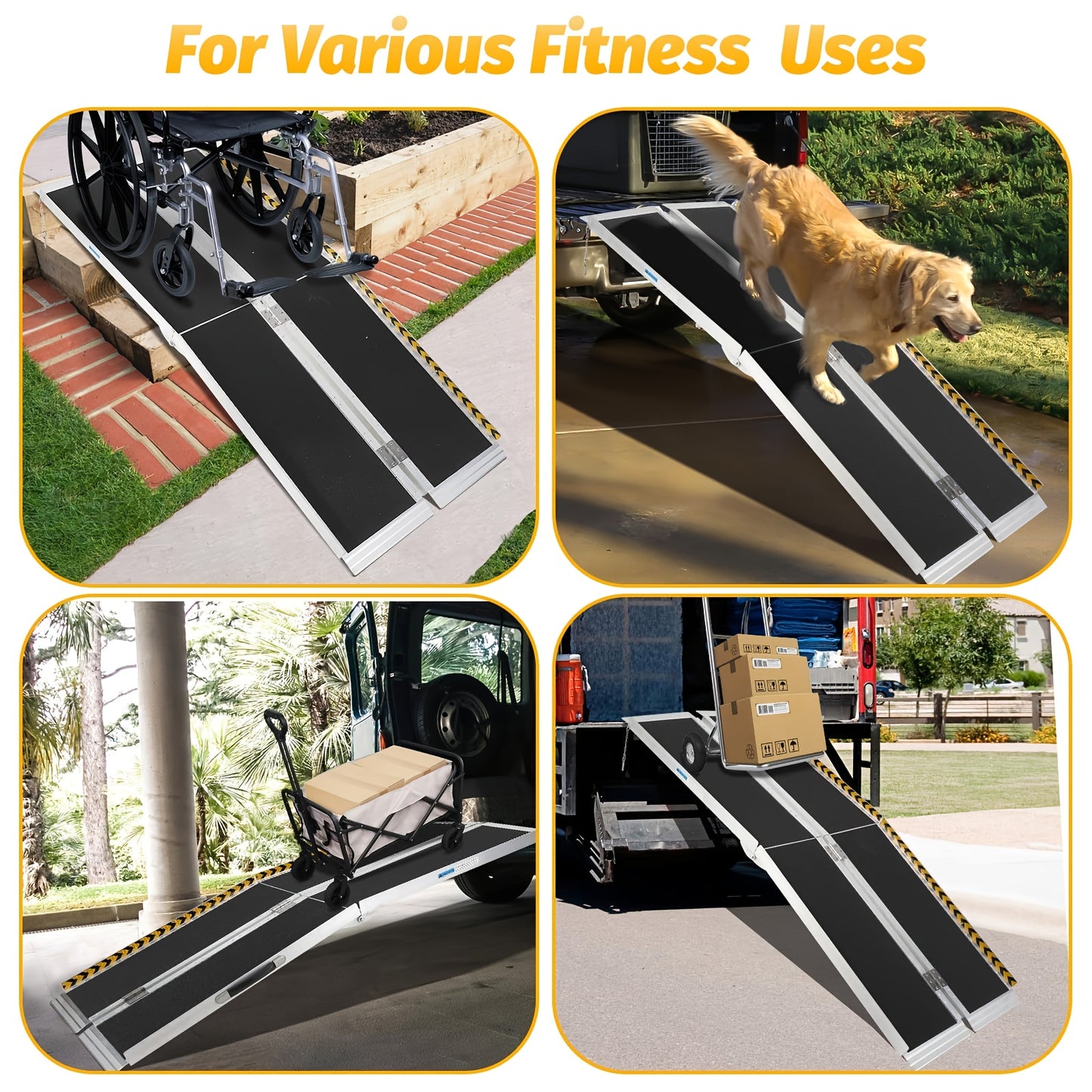 Portable Wheelchair Ramp 243.84cm, Non-Slip Aluminum Folding Handicap Ramp, Door Threshold Wheelchair Ramps Aluminum Ramp with Non-Skid Surface & Reflective Strips, Ramp For Stroller, Portable Ramps For Threshold, Ca Ramps Fo