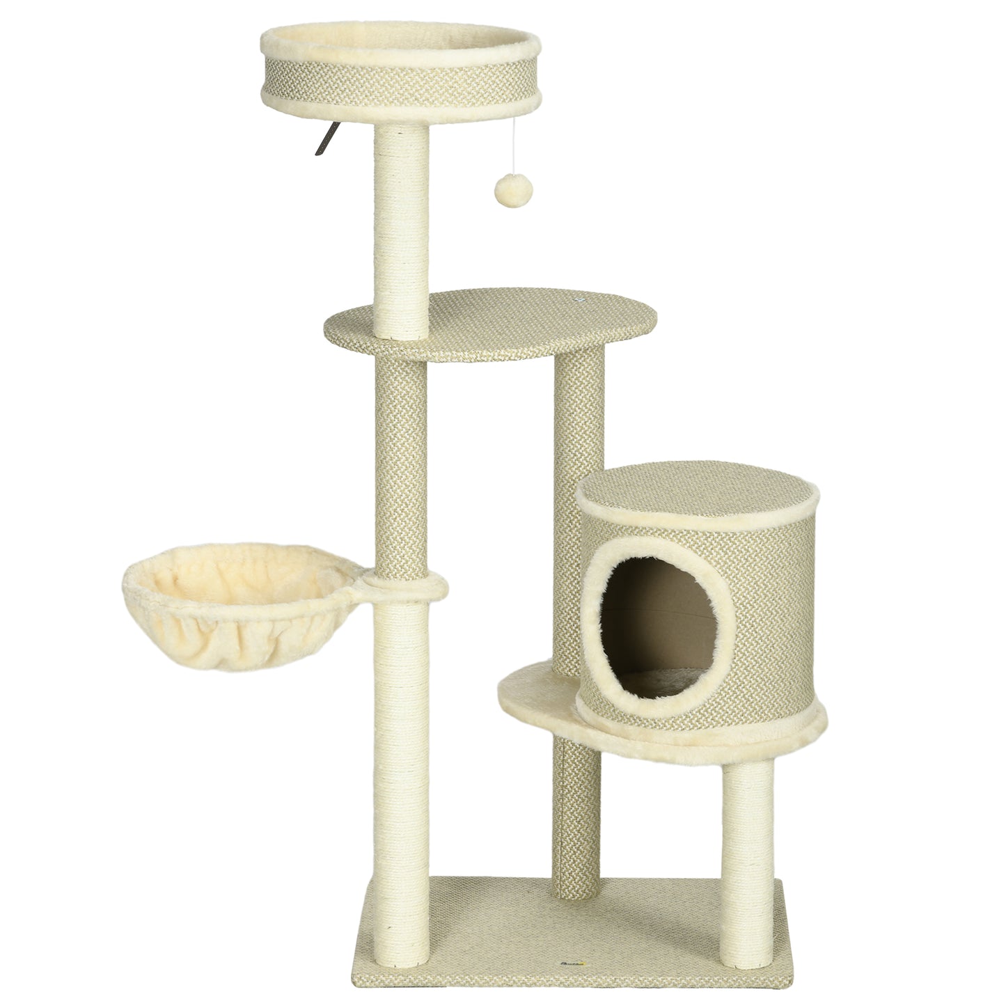 Krabpaal – Kattenkrabmeubel – Kattenboom – Krabton – Kattenhuis – Met Kattenholte en Hangmat – 124 cm Hoog – Natuurlijk Sisaltouw & Pluche Ligplaatsen