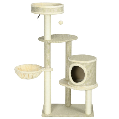 Krabpaal – Kattenkrabmeubel – Kattenboom – Krabton – Kattenhuis – Met Kattenholte en Hangmat – 124 cm Hoog – Natuurlijk Sisaltouw & Pluche Ligplaatsen