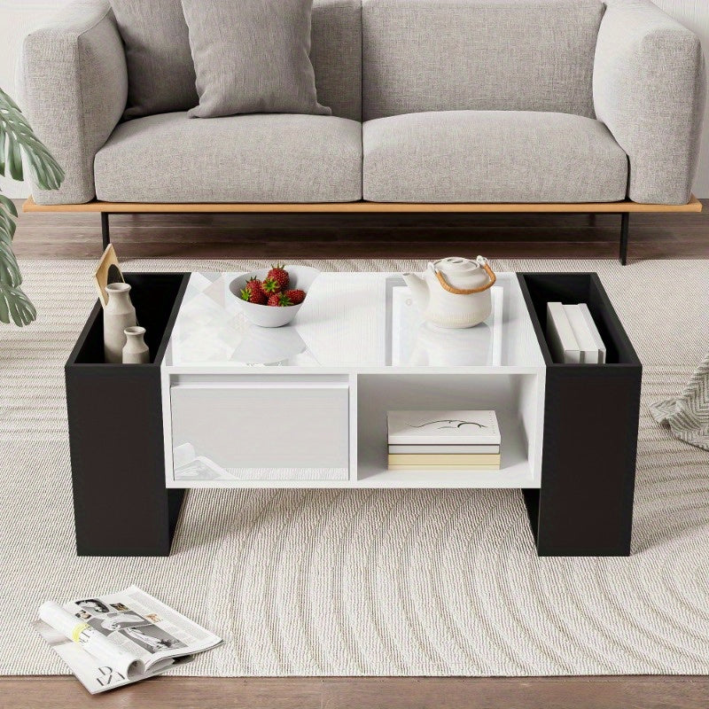 Salontafel – Koffietafel – Woonkamertafel – Bijzettafel – Lounge tafel – Modern Design – Hoogglans Zwart-Wit – Met Lade en Open Vak – 105x60x40,5 cm – Duurzaam Material