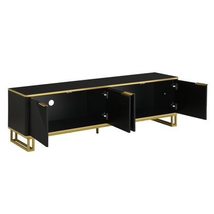 Modern Low-Profile 4-Door TV Stand Cabinet with Geometric Texture Panel Doors - Non-Wood TV Entertainment Center Suitable for Flat-Screen TVs, Easy Assembly, Space-Saving Design