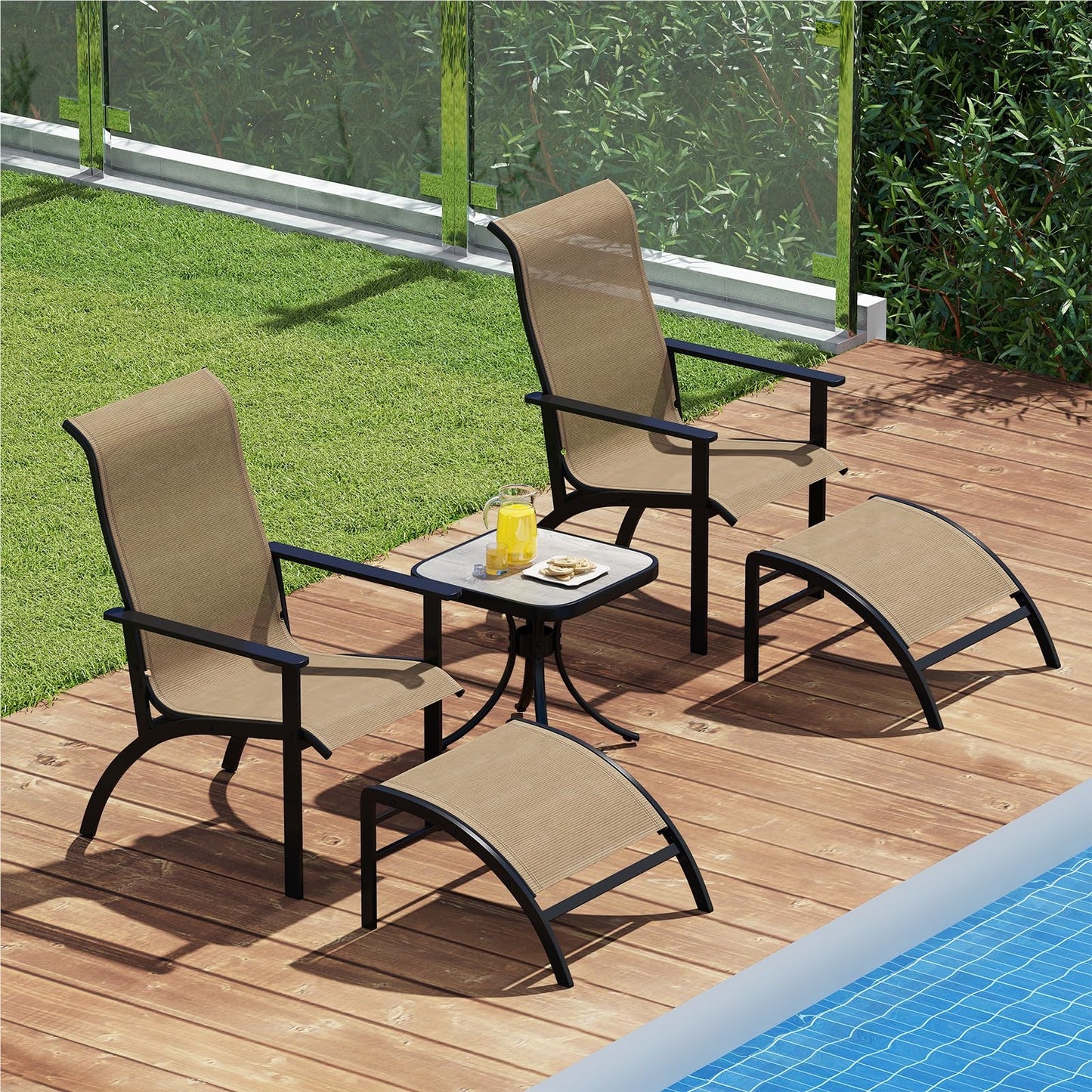 5-Delige Balkonmeubelset – Tuinmeubilair – Balkonset – Terrasmeubilair – Tuinset – Met 2 Stoelen, 2 Voetenbankjes en Tafel – Ergonomisch Comfort – Ruimtebesparend Design – Kleur Coffee