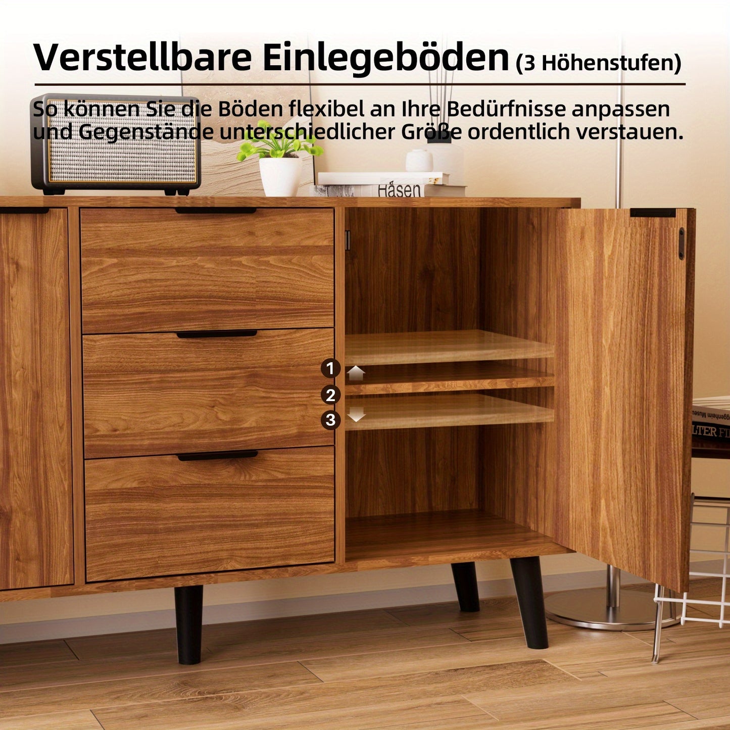 Dressoir – Opbergkast – Ladekast – Sideboard – Buffetkast – Mid-Century Modern Design – Houtcombinatie Hardhout & Spaanplaat – Ruime 3,2 Kubieke Voet Inhoud – Schuifdeuren en Laden – Vrijstaand 68,5 cm Hoog