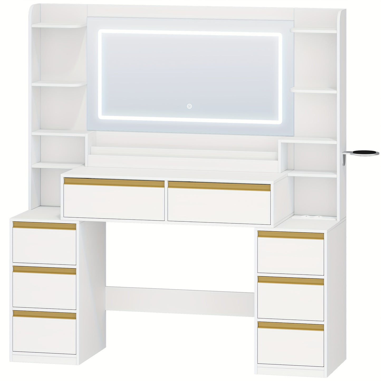 Kaptafel – Make-up Tafel – Opmaaktafel – Beautytafel – Cosmeticatafel – Grote Spiegel – Haardrogerhouder – 8 Lades – Hout – Modern Wit – 135x40x145 cm