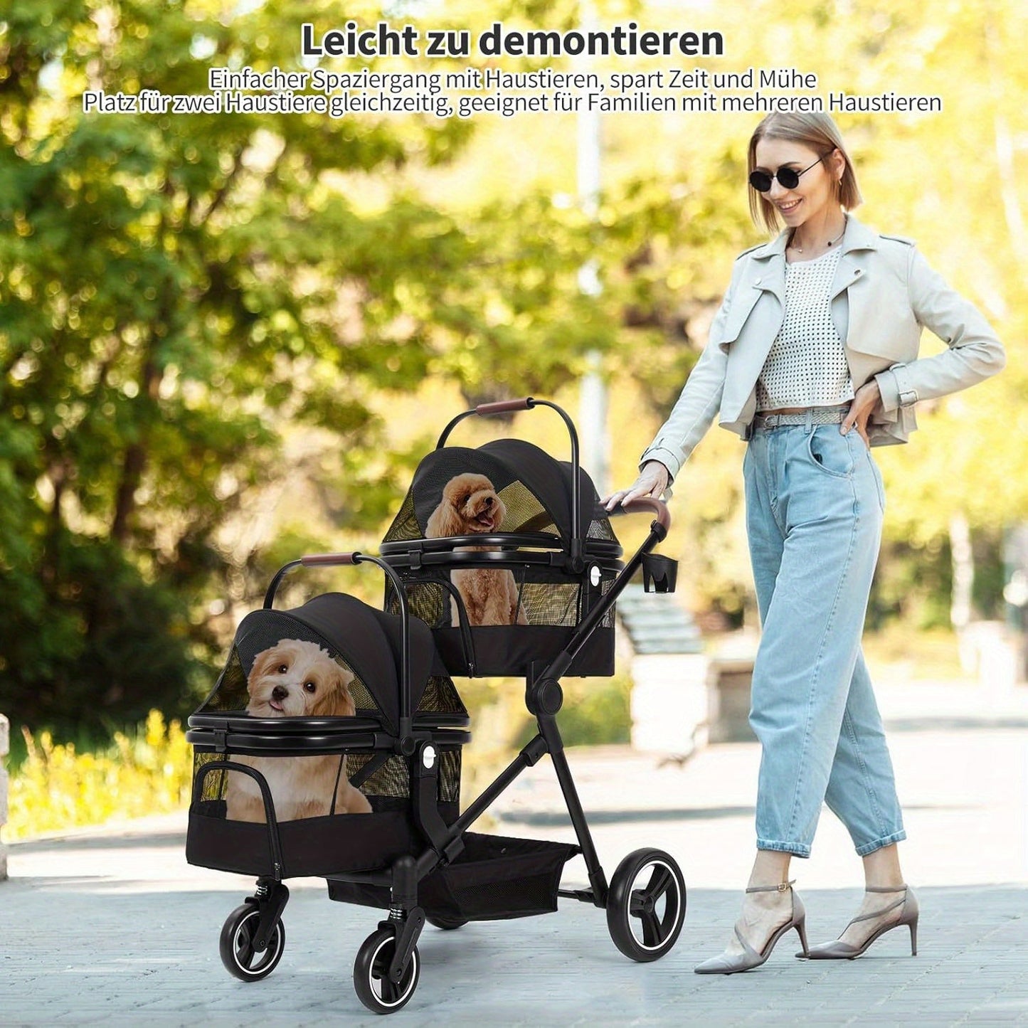 Hondenbuggy – Huisdierruimtewagen – Dierenwagen – Hondenstoel – Kattenbuggy – Dubbel draagvermogen 23 kg per niveau – Opvouwbaar aluminium frame met ventilatie mesh ramen