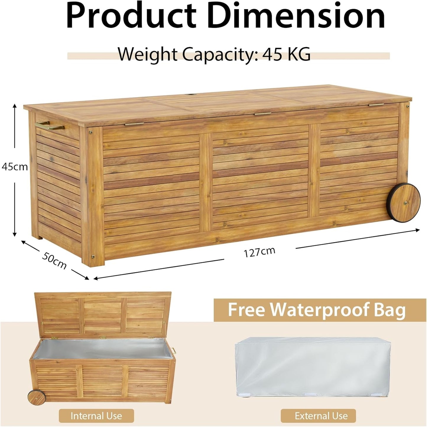 Tuinkist – Tuinopbergbox – Kussenbox – Tuinbox – Opbergdoos – Acacia Hout – 285 Liter – Met Wieltjes en Waterdichte Binnenzak