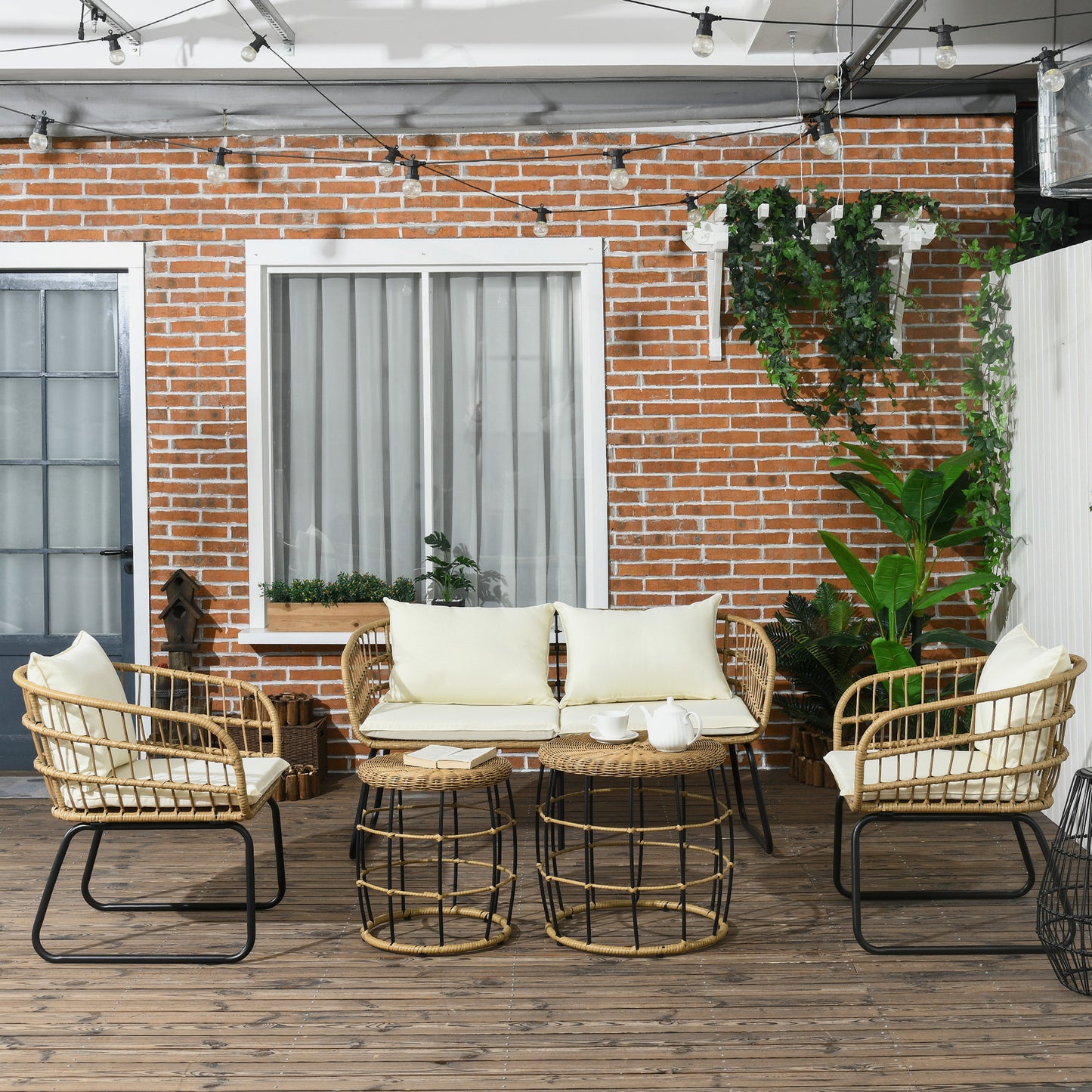 Tuinset – Loungeset – Buitenmeubelset – Garden Set – Beige – 5-delig Met 2 Fauteuils En 2 Bijzettafels – Comfortabele Kussens Met Polyester Hoezen – Weerbestendig Met Metalen Frame