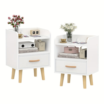Nachtkastje – Nachtkastjes – Ladekastje – Bijzettafel – Opbergkastje – Set van 2 – Compact Design – Wit Metaal Met Houten Poten