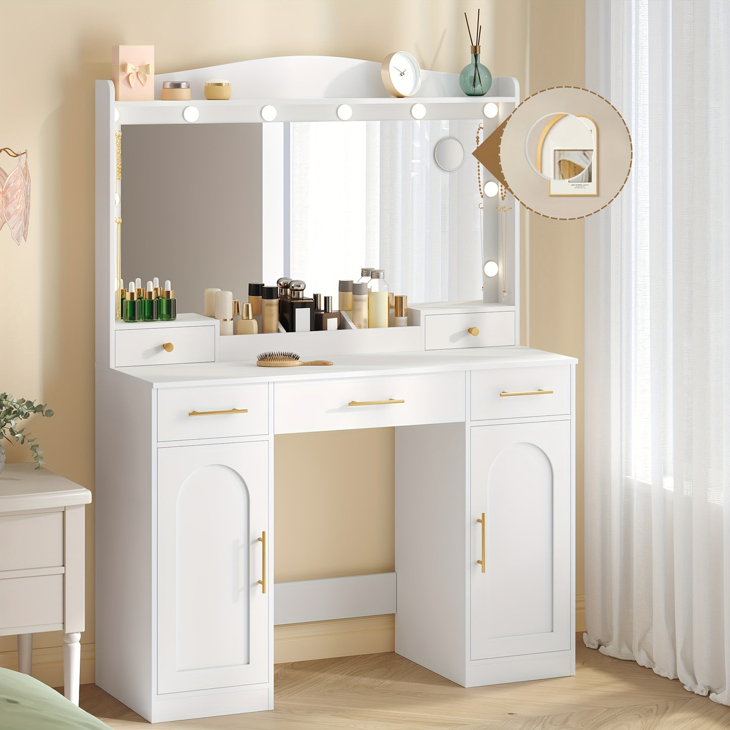 Kaptafel – Make-up Tafel – Dressing Table – Cosmeticatafel – Vanity Set – Grote Spiegel – Verstelbare LED Verlichting – 5 Laden & 2 Kastjes – Wit – 40x108x149 cm