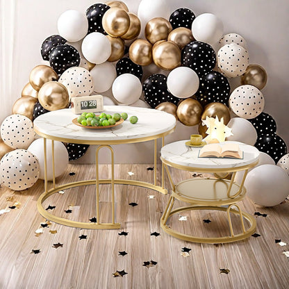 Salontafel – Bijzettafel – Koffietafel – Tafeltje – Ronde Salontafel Set – Gouden Metaal Frame – Marmer Effect Tafelblad – Stapelbaar – Lichtgewicht