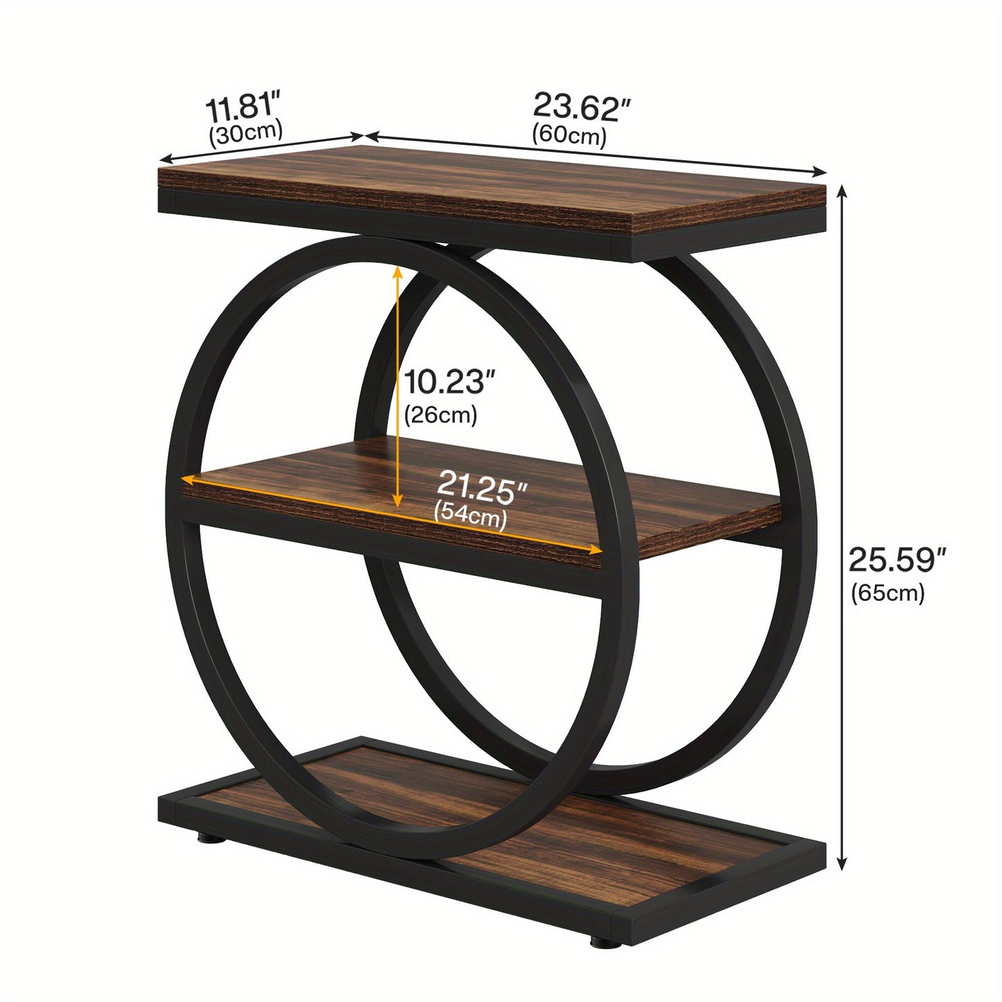 Wood Side Table with Black Metal Frames, Narrow End Table with 3 Storage Shelves, Industrial Small Sofa Side Table for Living Room, Slim Nightstand and Bedside Table for Reception Room, Christmas Holiday Decor, Versatile Acce