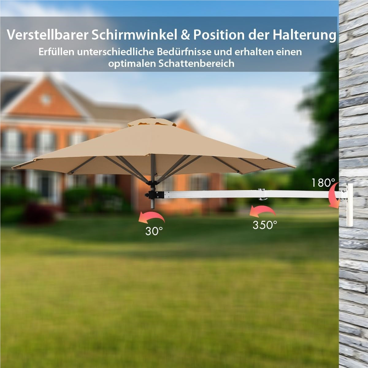 Zonnescherm Muurparasol – Balkonparasol – Muurgeïnstalleerde Parasol – Tuinparasol – Kantelbare Schermparasol – Ø 247 cm – Aluminium Frame – Beige
