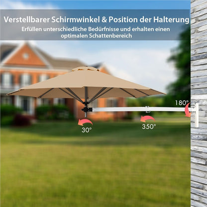 Zonnescherm Muurparasol – Balkonparasol – Muurgeïnstalleerde Parasol – Tuinparasol – Kantelbare Schermparasol – Ø 247 cm – Aluminium Frame – Beige