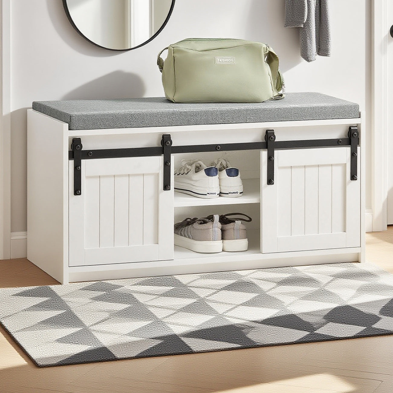 Schoenenkast – Schoenenrek – Schoenenopberger – Schoenenbank – Opbergkast – 2 Schuifdeuren – Houtlook MDF – Zitkussen – 90x35x46 cm