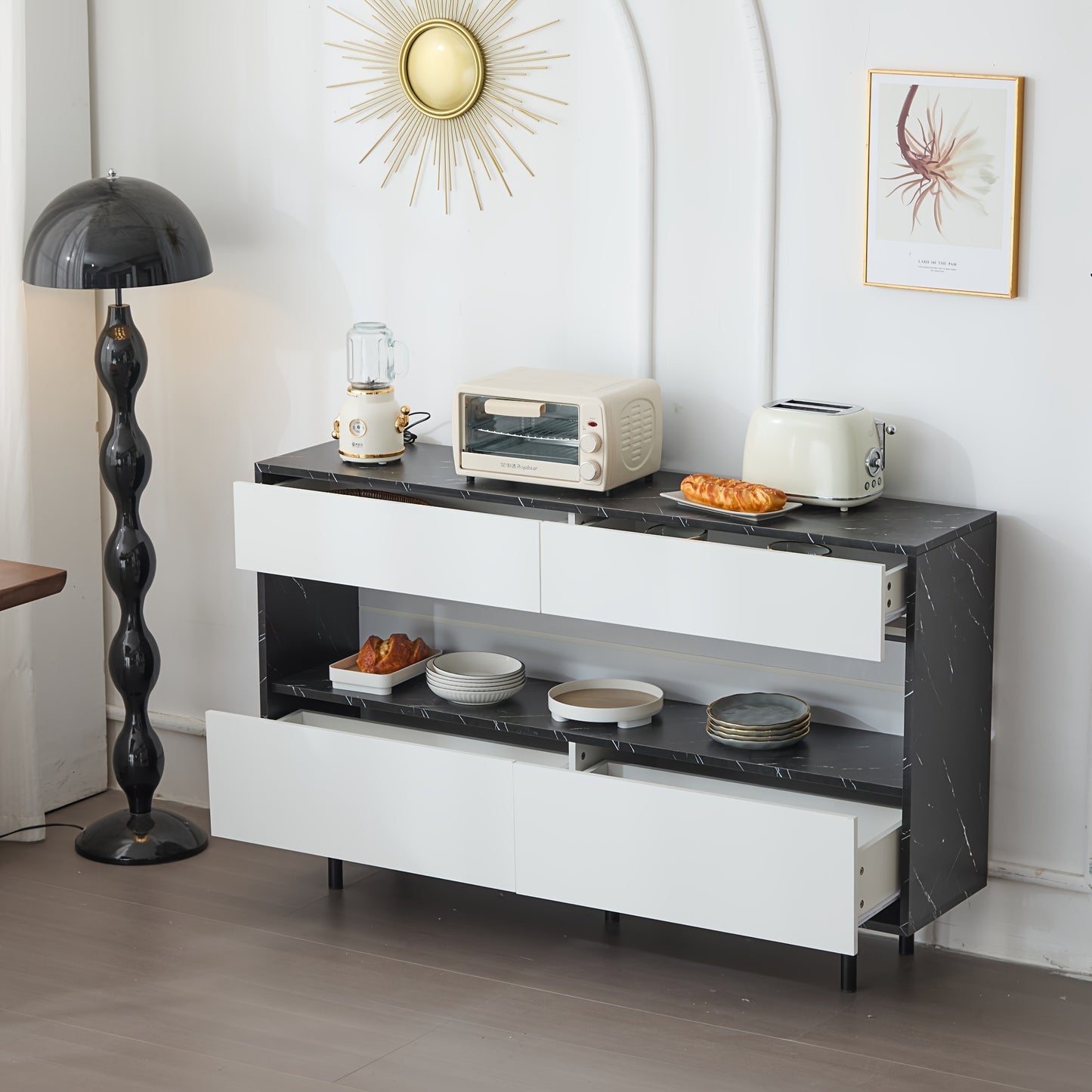 Dressoir – Sideboard – Opbergkast – Buffetkast – Kast – Wit Bamboo Met Zwart Marmerdesign – 150 cm Breed – 4 Lades & Ruime Opbergruimte