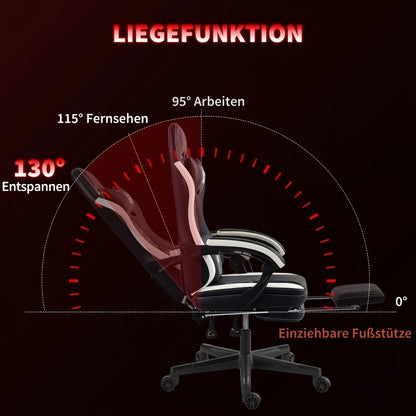 Ergonomic Gaming Chair with Footrest & Lumbar Support - Heavy-Duty Adjustable Height Recliner, 360° Swivel Memory Foam Computer Desk Chair, Manual Recline Handle, Headrest & 5-Wheel Base for Office, PC, Computer (Black/White