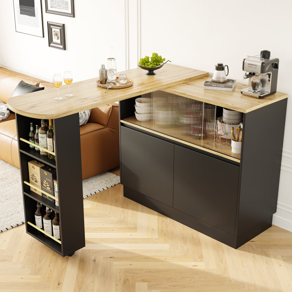 Modern 360° Rotating Bar Table with Glass Shelves - Multifunctional Kitchen & Dining Sideboard, 90x45x100cm, Easy Assembly, No Power Needed, Sleek Black Design for Contemporary Spaces, Kitchen Storage Solution, Minimalist Fu