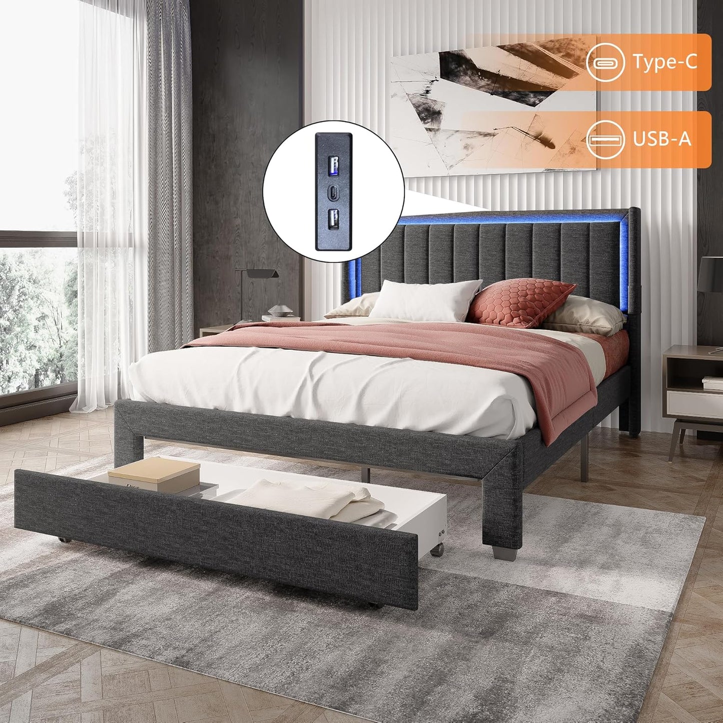 Tweepersoonsbed – Bedframe – Slaapbed – Opbergbed – Led Bed – 140 x 200 cm – Grijs Linen – Met USB-poort en Opberglade