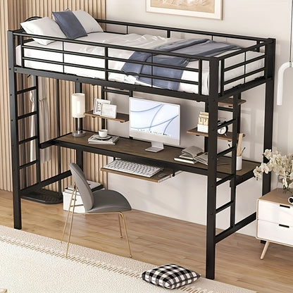 Bedframe – Metalen Bed – IJzeren Bed – Hoogslaper – Eenpersoonsbed – Inclusief Bureau En Boekenplanken – Robuust Stalen Frame – Afmeting 90x200 cm – Zwart