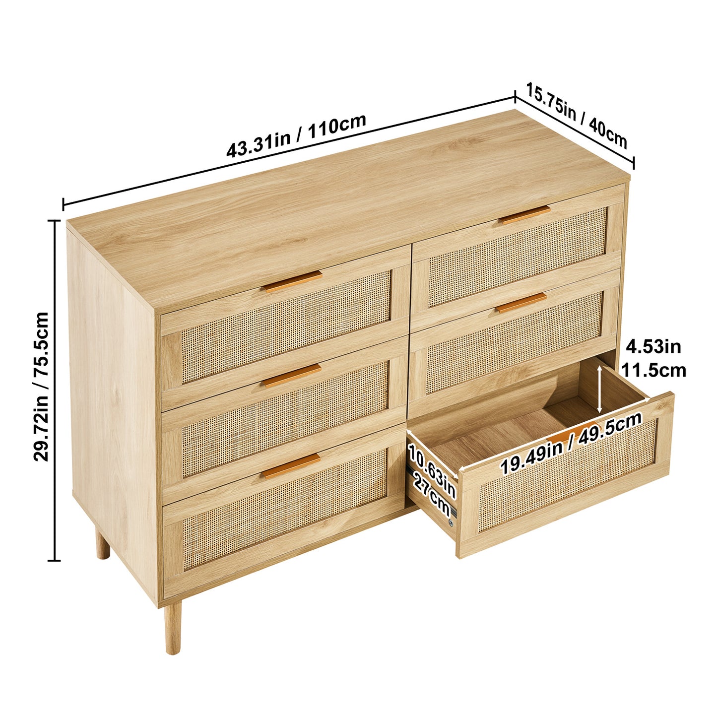 Rattan Commode – Ladekast – Kast – Dressoir – Opbergkast – Naturel Hout – 6 Ruime Lades Met Duurzaam Rattan En Anti-Omvalbeveiliging