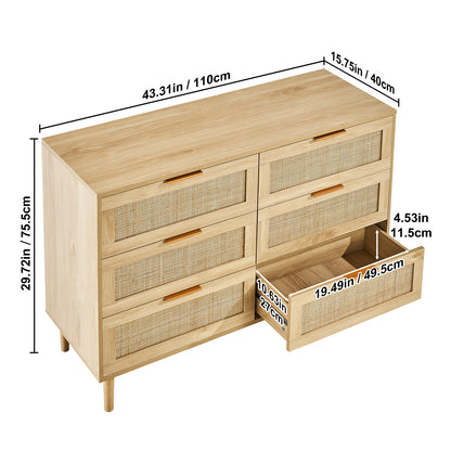 Rattan Commode – Ladekast – Kast – Dressoir – Opbergkast – Naturel Hout – 6 Ruime Lades Met Duurzaam Rattan En Anti-Omvalbeveiliging