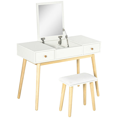 Kaptafel – Make-up Tafel – Vanity Desk – Dresser – Schminktisch – Met Opbergvakken – Opklapbare Spiegel – Inclusief Kruk – Wit – 100x45x118 cm