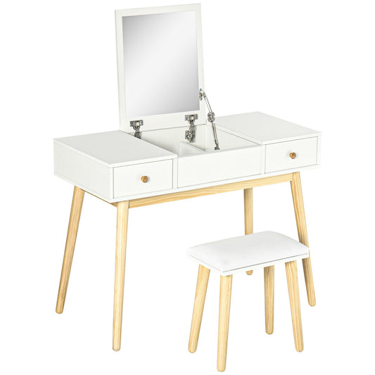 Kaptafel – Make-up Tafel – Vanity Desk – Dresser – Schminktisch – Met Opbergvakken – Opklapbare Spiegel – Inclusief Kruk – Wit – 100x45x118 cm