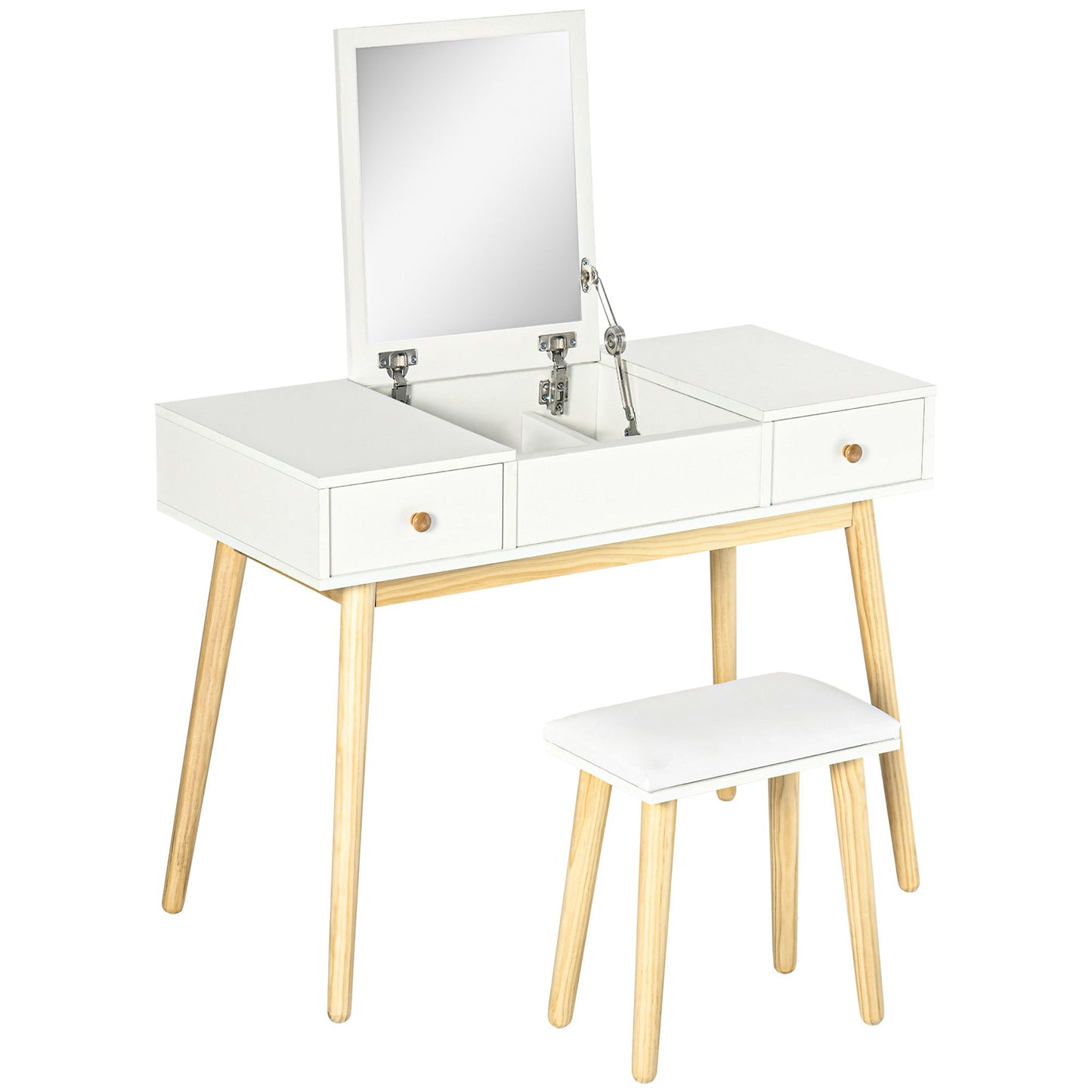 Kaptafel – Make-uptafel – Schminktisch – Dressingtable – Sieradentafel – Inklapbare Spiegel – 2 Ruime Lades – Witte Scandinavische Stijl – Compact 100x45x118 cm