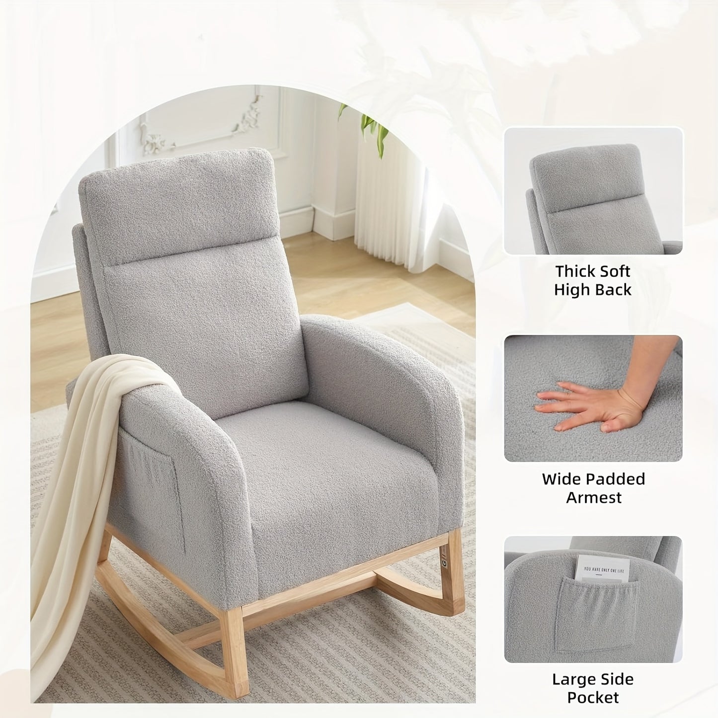 Schommelstoel Ergonomisch – Schommelstoel Met Voetensteun – Relaxstoel – Stoel Voor Woonkamer – Accentstoel Grijs – Hoge Rugleuning – Zijzakken En Zachte Bekleding