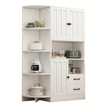 Modern White Corner Wardrobe & Display Cabinet with 14 Storage Areas - 3 Cabinets & 2 Drawers, Space-Saving High Cabinet with Bookshelf & Door Storage, Metal Construction, Easy Assembly for Living Room, Hallway, Small Spaces