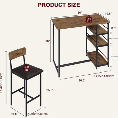 Eettafel – Keukentafel – Tafel – Eetkamertafel – Eethoek – Compact Rechthoekig MDF Tafelblad – Met 3 Opbergplanken en Gestoffeerde Barkrukken
