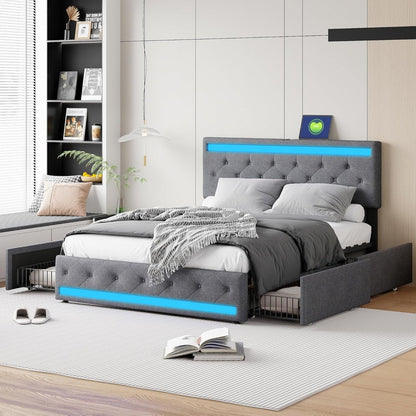 Gestoffeerd Bed – Tweepersoonsbed – Bed met Opbergruimte – Led Bed – Bed met Usb Poorten – 180x200 cm – Ingebouwde LED-Verlichting – 4 Verrijdbare Lades