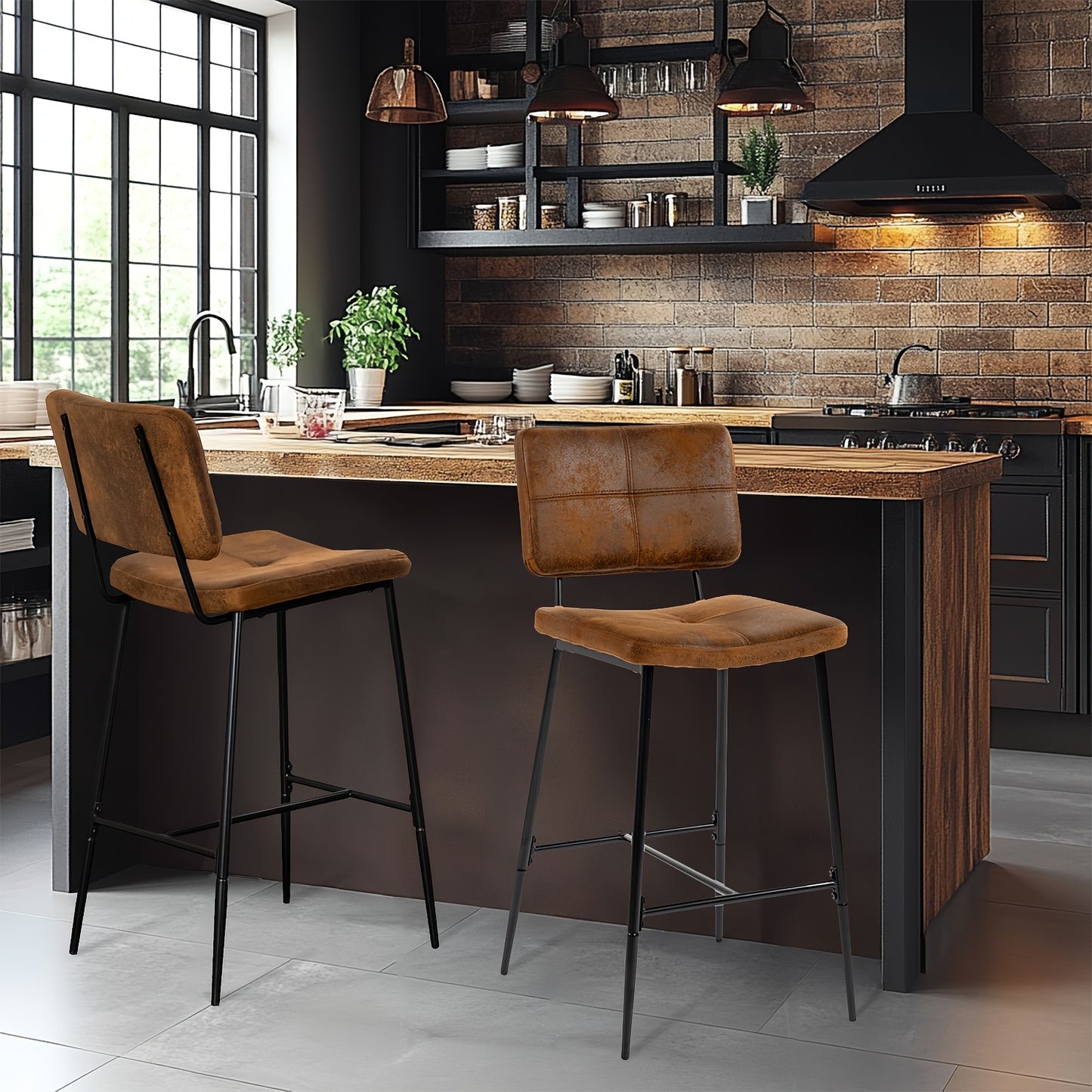 Barkruk – Barstoel – Kruk – Hoog zitmeubel – Bistrostoel – Industrieel design – Suède bekleding – Met rugleuning en voetensteun – Hoogte 75 cm – Metaal frame – Bruin